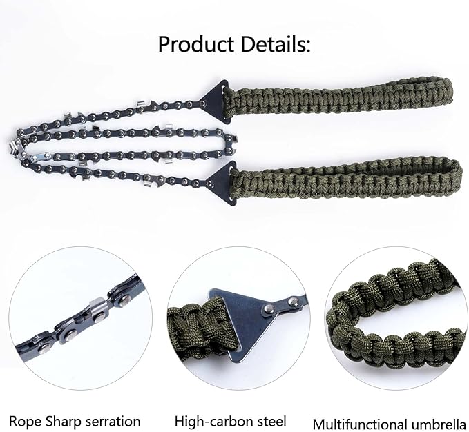 Sucrain Pocket Chainsaw with Paracord Handle, Folding Chain Hand Saw, Emergency Outdoor Survival Gear for Camping, Hunting, Hiking, Cutting Wood & Tree (Army Green, 11 Teeth, 24'' Long)