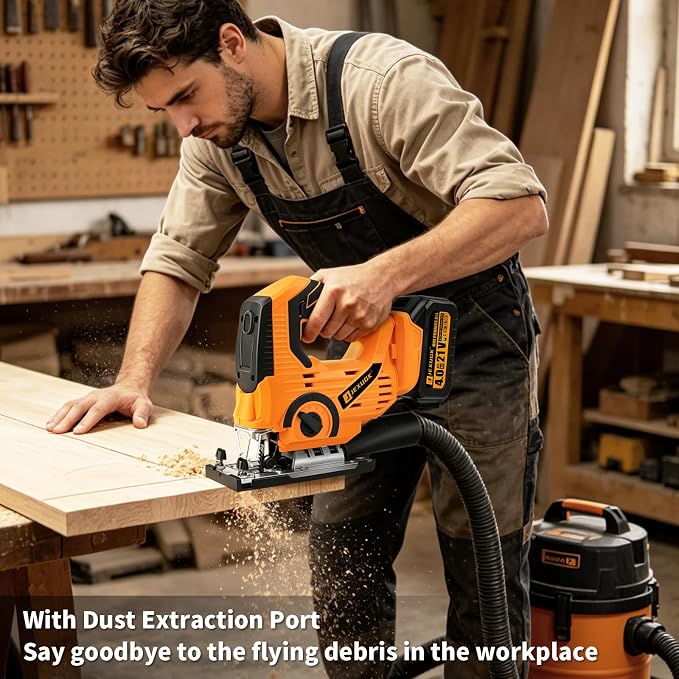 JEXUGK Cordless Jigsaw, 21V Power Jig Saw with 2 x 4.0Ah Batteries, 4 Orbital Settings, ±45° Bevel Cuts, 3200 RPM Variable Speed Jigsaw Tool with 12 Blades, Jigsaw Cutter for Wood Metal Cutting