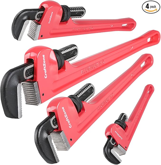 4Piece Aluminum Pipe Wrench Set (10Inch, 14Inch, 18Inch, 24Inch), Heavy-Duty Adjustable Straight Plumbing Wrenches, Drop-Forged Jaws, Lightweight Design, Versatile for Plumbing & Home Repair