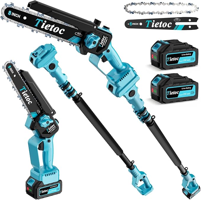 TIETOC 2-in-1 Brushless Pole Saw for Tree Trimming – 8/6" Mini Electric Chainsaw with 2×4000mAh Batteries, Auto Oiling, Tool-Free Adjustment,Cordless Battery Powered Saw for Home Garden Branch Cutting