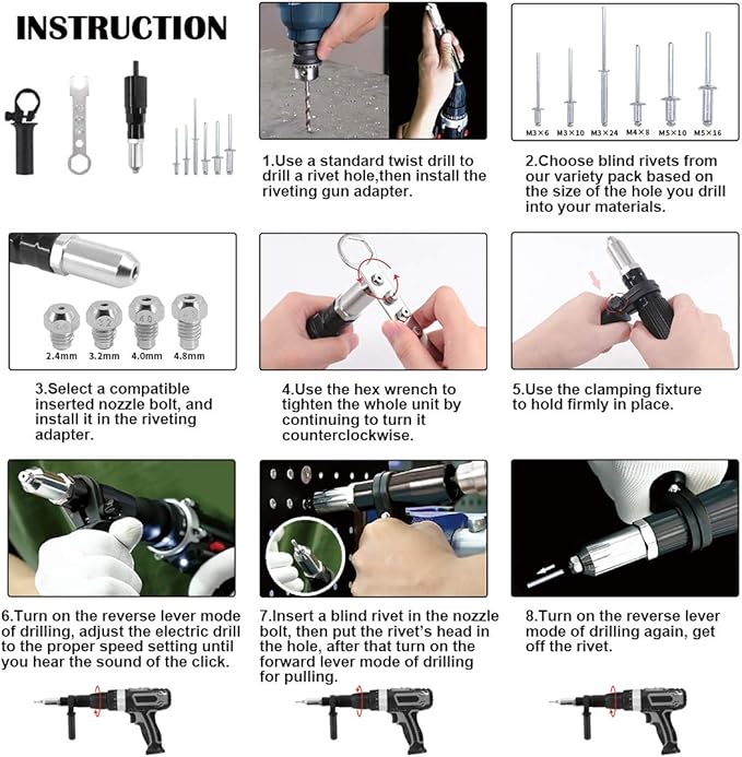 Hilitchi Professional Rivet Gun Adapter Kit with 210Pcs M3 M4 M5 Aluminum Assorted Rivets, 4Pcs Different Matching Nozzle Bolts, Wrench and Clamping Fixture for Cordless Drill, Sheet Metal Work