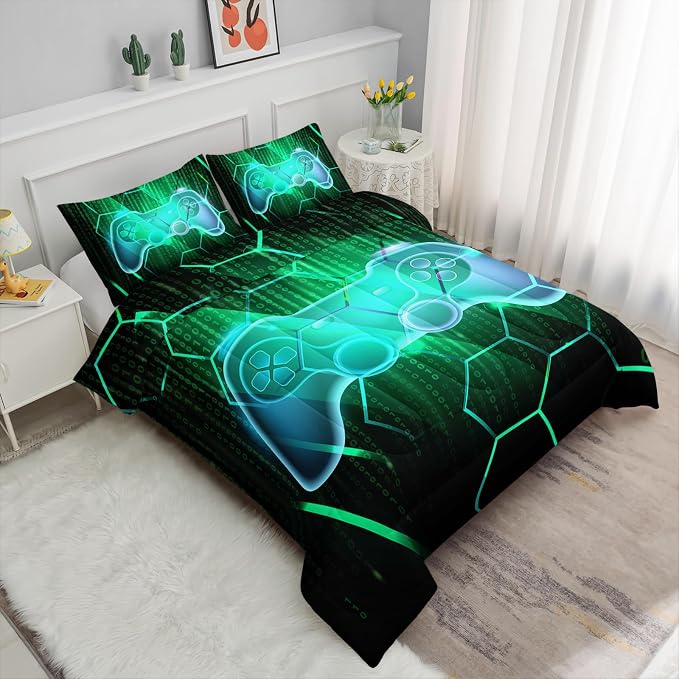 Axolotl Gamepad Comforter Set King Size,Number Video Gaming Gamer Bedding Set,Boys Game Console Comforter,Geometry Hexagonal Bedding for Teens Men Adults,1 Quilt 2 Pillowcases,Green Black