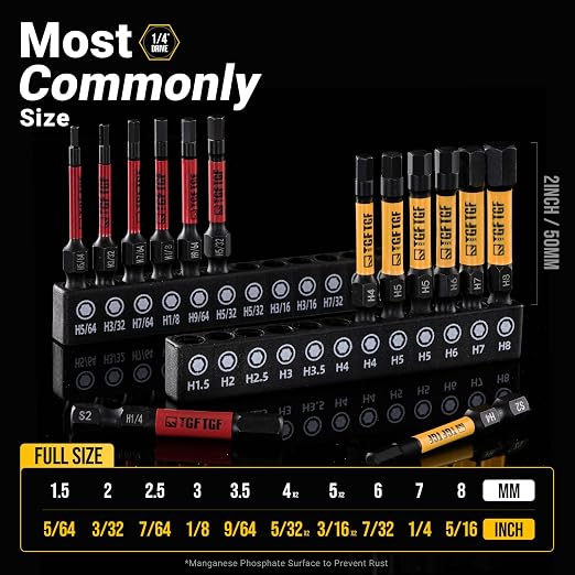 TGFTGF Impact Hex Head Allen Wrench Drill Bit Set, 24PCS, 2-inch (Metric & SAE), Premium S2 Steel 1/4" Hex-Shank Hex Bit Set, CNC Machined Magnetic Screwdriver Bit Set, Storage Box, Automotive Home