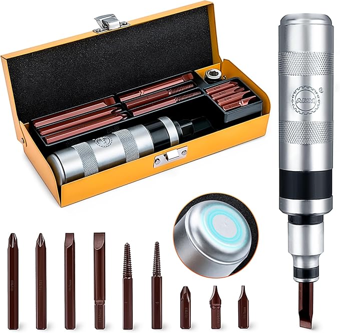 AKM 1/2" Hand Manual Reversible Impact Driver Set Extractor-12 PCS Impact Screwdriver S2 Steel Much More Durable Disengage Rusted Fasteners or Frozen Bolts