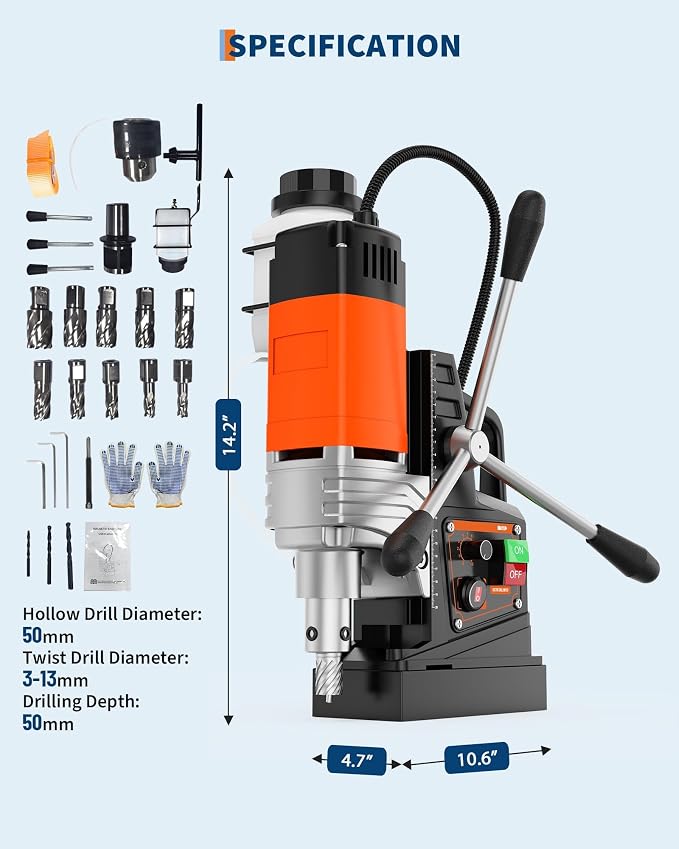 Magnetic Drill, 1650W 1.57" Boring Diameter, 2922Lbf Power Portable Magnetic, 810 PRM, 10-Speed，with 10Pcs Drill Bits 3Pcs Twist Drill and 1Pc Plastic Box for Metal Surface, Industrial