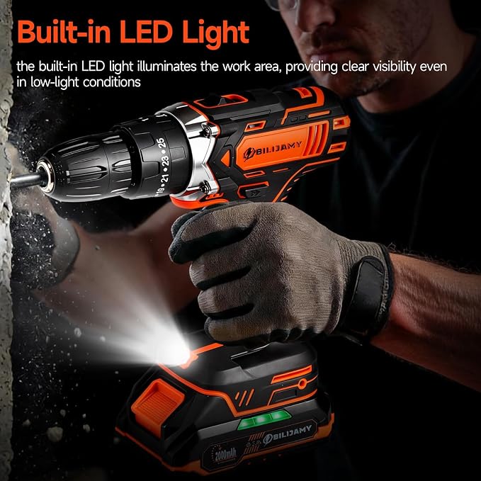 Cordless Drill Set, 20V Power Drill Drivers - 1 * 2.0Ah Battery | Fast Charger, 25+3 Torque, 2 Speed, 3/8"Keyless Chuck, LED Light, 45pcs Drill Bits for DIY, Home Repair, Furniture Assembly