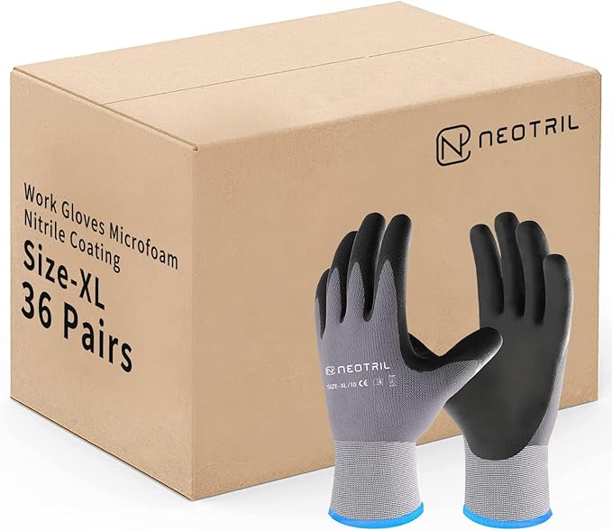NEOTRIL Safety Work Gloves MicroFoam Nitrile Coated-3/6/12/36 Pairs,Breathable Nylon Working Gloves for Men Women