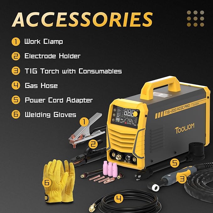 TOOLIOM 200A AC/DC TIG Welder with Pulse, Dual Voltage 110V/220V, Aluminum Welder with IGBT Inverter, Large LED Display, AC TIG/DC TIG/Pulse TIG/SPOT TIG/Stick Multiprocess Welding Machine
