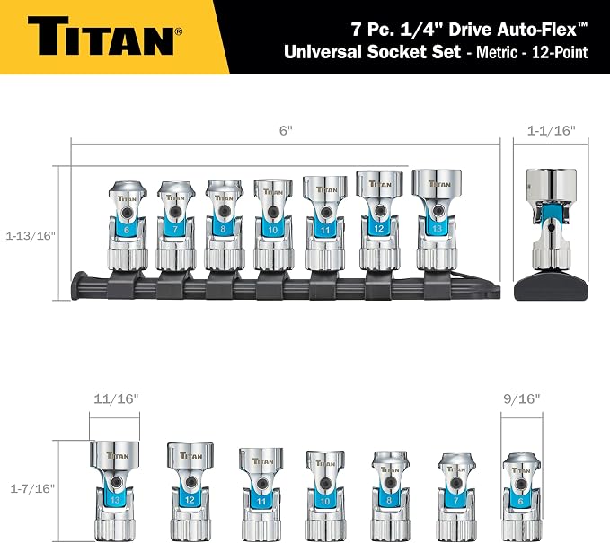 Titan 66840 7-Piece 1/4-Inch Drive Metric Auto Flex Universal Socket Set, 12-Point, 6mm to 13mm