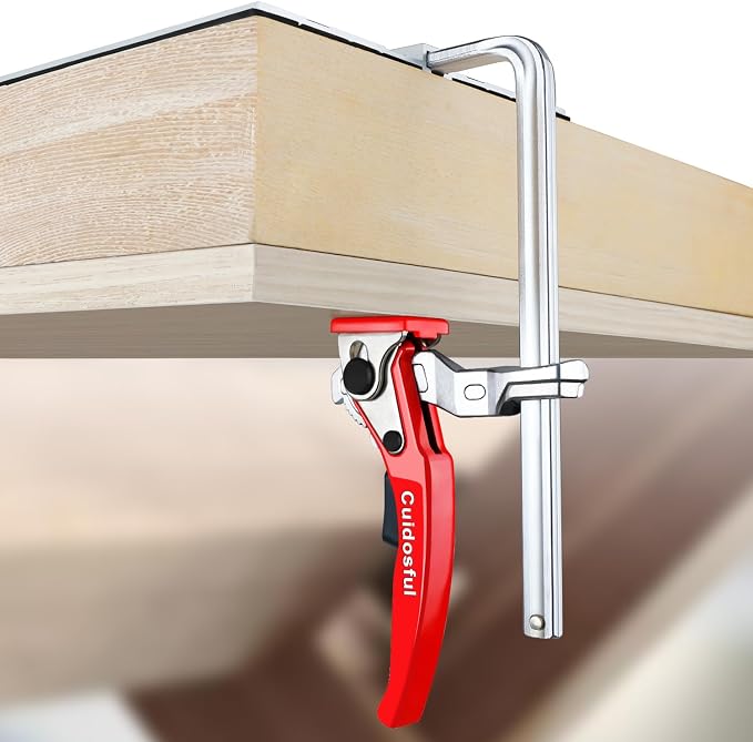 Track Saw Clamp for T-Track and Guide Rails – Heavy Duty Quick Release Clamp with Non-Marring Pads, Compatible with Festool, Makita, Dewalt and MFT Tables for Woodworking Hold Down