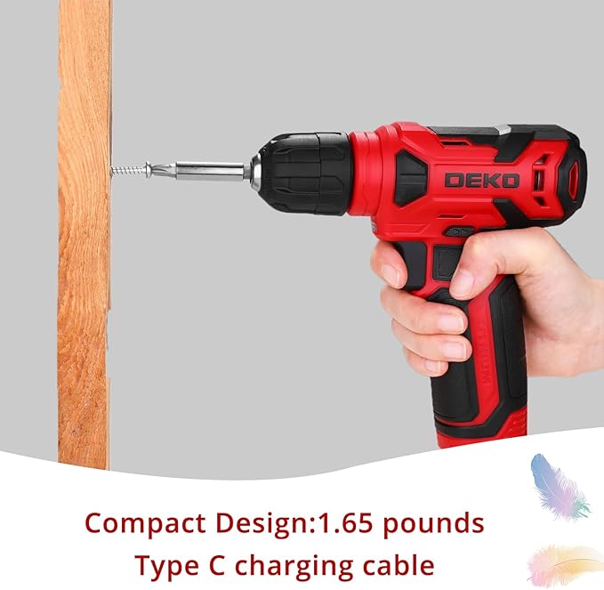 DEKOPRO 8V Cordless Drill, Drill Set with 3/8"Keyless Chuck, 42pcs Acessories, Built-in LED, Type-C Charge Cable, Red Power Drill for Drilling and Tightening/Loosening Screws