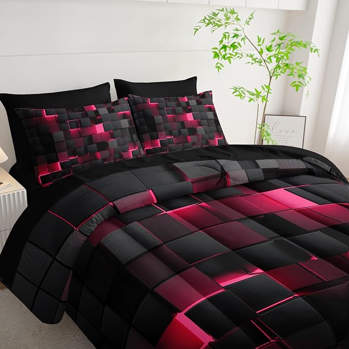 Nttopship Geometric Pink Black Full Comforter Set,Light Honeycomb Bedding Set 7 Piece in A Bag,Bed Sheet Set Geometry Decor,Microfiber Lightweight All Season