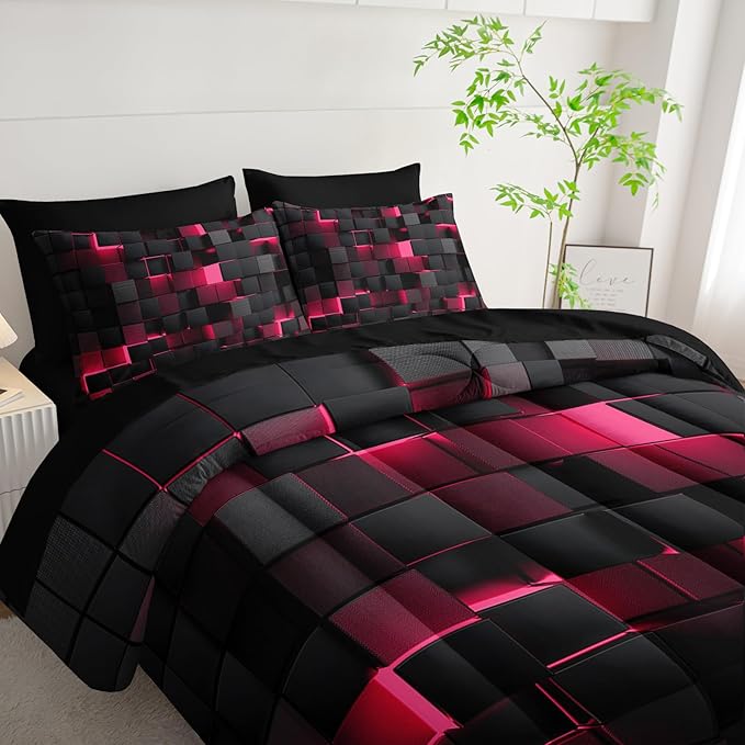 Nttopship Geometric Pink Black Twin Comforter Set,Light Honeycomb Bedding Set 7 Piece in A Bag,Bed Sheet Set Geometry Decor,Microfiber Lightweight All Season