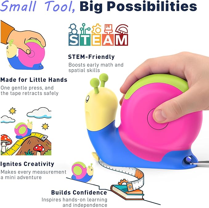 8ft Tape Measure for Kids, STEM Educational Tool with Level, Protractor and Eraser, Retractable Snail Shaped Measuring Tapes, Child-Safe Stocking Stuffers Gift for Boys & Girls 3+, Green