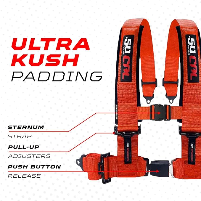1pc 50 Cal Orange 4 Point Harness 2in Straps, Racing Harness Seat Belt | Ultra Kush padding, Push Button quick release hardware. Universal Fit for UTV, RZR, race car.