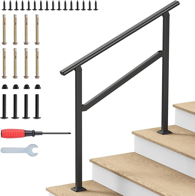 Hand Rails for Outdoor Steps 2-5 Steps Wrought Iron Handrails | Stair Railing for Porch, Home, Garden, Indoor, Staircase Handrails for Wooden, Cement, Brick, Marble (3 Steps)