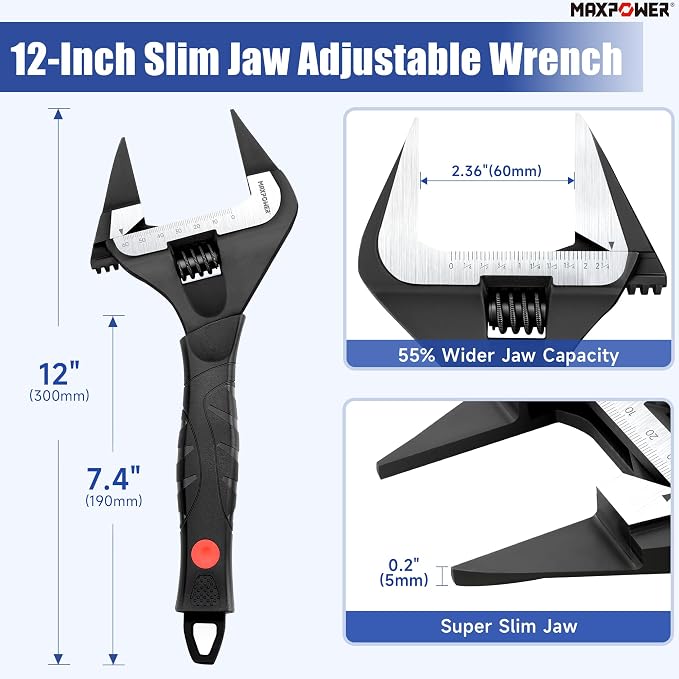 MAXPOWER 12-inch Slim Jaw Adjustable Wrench, Extra Thin Jaw Wide Opening Adjustable Wrench, Dual Scale with Metric and SAE, Soft Grip Handle
