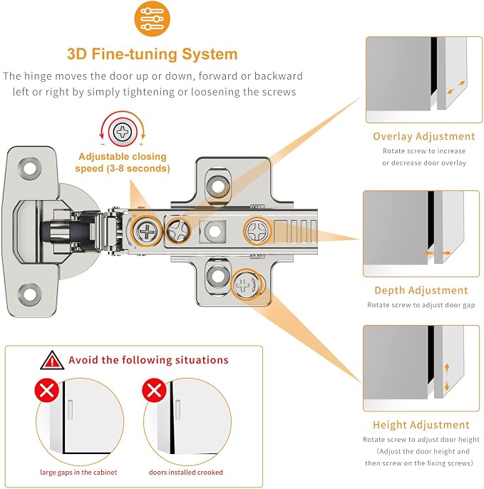 Chibery 10 Pack Frameless Full Overlay Soft Close Concealed European Hinges, Self Closing Satin Nickel, 105 ° Open Angle 4D Adjustment, Speed Control, Clip On, Stainless Steel for Cabinet Door