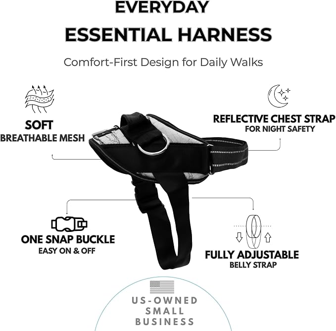 ShawnCo Essential Dog Harness, No-Pull Pet Vest (White Marble,S) | 3 Leash Clips, Easy On, No-Choke, Reflective, Adjustable Fit, Padded Comfort, Control Handle, For Small, Medium & Large Dogs