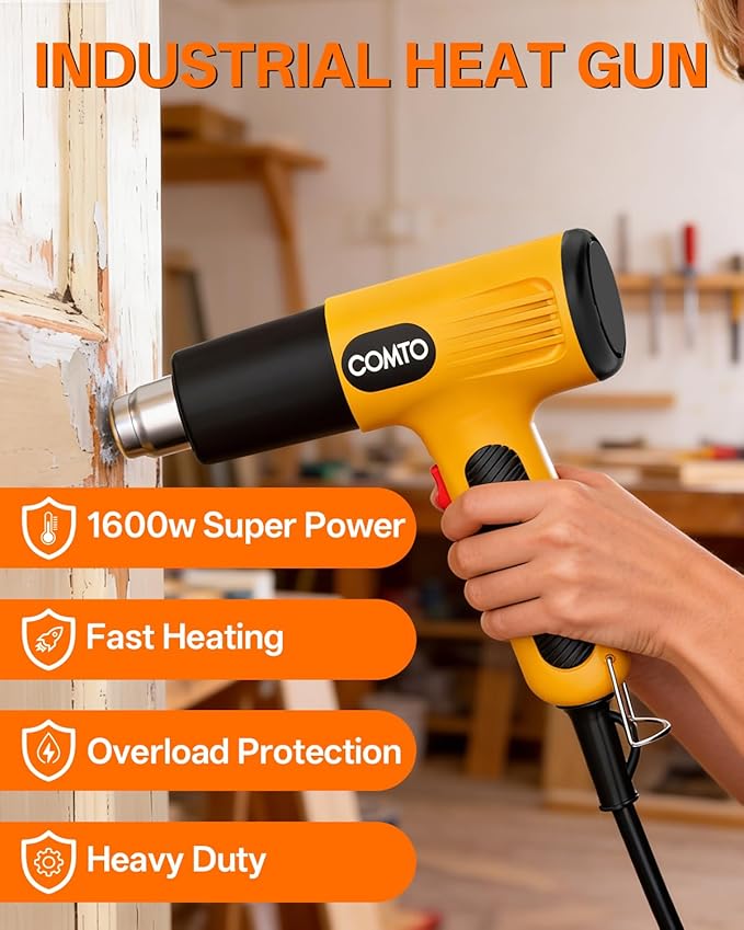 1600W Heat Gun, Hot Air Gun with 2 Temp Settings, 4 Nozzles, Overheat Protection, for Shrink Tubing, Shrink Wrap, Crafting, Resin, and DIY Projects - Yellow