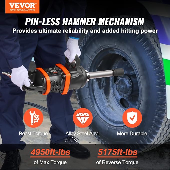 VEVOR 1 Inch Air Impact Wrench, Up to 5175 ft-lbs Beast Reverse Torque Output Pneumatic Impact w/ 8 Inch Anvil for Heavy Duty Machinery/Semi-Truck/Bus | Pneumatic Impact Gun with 8 Inch Anvil, Forward/Reverse Control, for Heavy Duty Machinery, Semi-Tru...