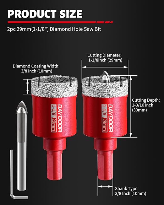 DAYDOOR 1-1/8" Diamond Hole Saw Bits with Pilot Drill Bit-2pcs 29mm Diamond Tile Hole Saw with Guiding Bit for Porcelain Tile Ceramic Pottery Granite Stone Glass Bottles(3/8" Triangle Shank)