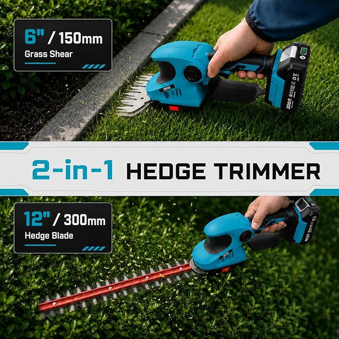 Seesii 20V Cordless 2-in-1 Hedge Trimmer: 12" Shrub Trimmer & 6" Grass Shears, Dual-Action SK5 Blades, 2 x 2.0Ah Batteries, Rotating Handle, 1/2" Cut Capacity for Small Yards, Bushes and Lawn Edges