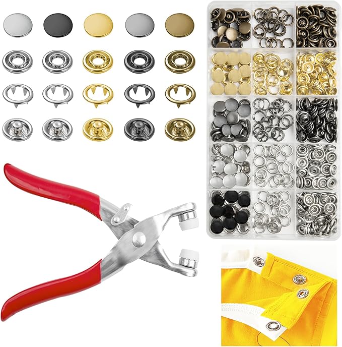 GTAAOY 100 Sets 9.5mm Metal Snaps Buttons with Fastener Pliers Press Tool Kit Perfect for Baby Crafts Clothes Hats and Sewing, Snap Button Fasteners Kit for Baby Clothing Sewing