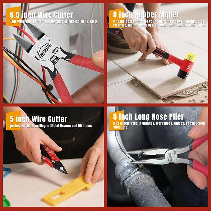 8 PCS Pliers Set with Case for DIY & Home Use | 10” Slip Joint, 8.3” Long Nose, 8.3” Linesman, 7.5” Diagonal, 6” Flush Cutter, 5” Long Nose, 5” Cutter, 25mm Rubber Mallet