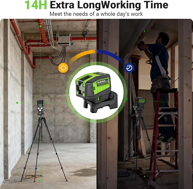 HUEPAR 5 Point Self Leveling Laser Alignment Tool with Plus Mode (98-165Ft), Laser Plumb Dots Level with 360° Magnetic Base Includes 2 AA Batteries & Hard Carrying Case - PL500G