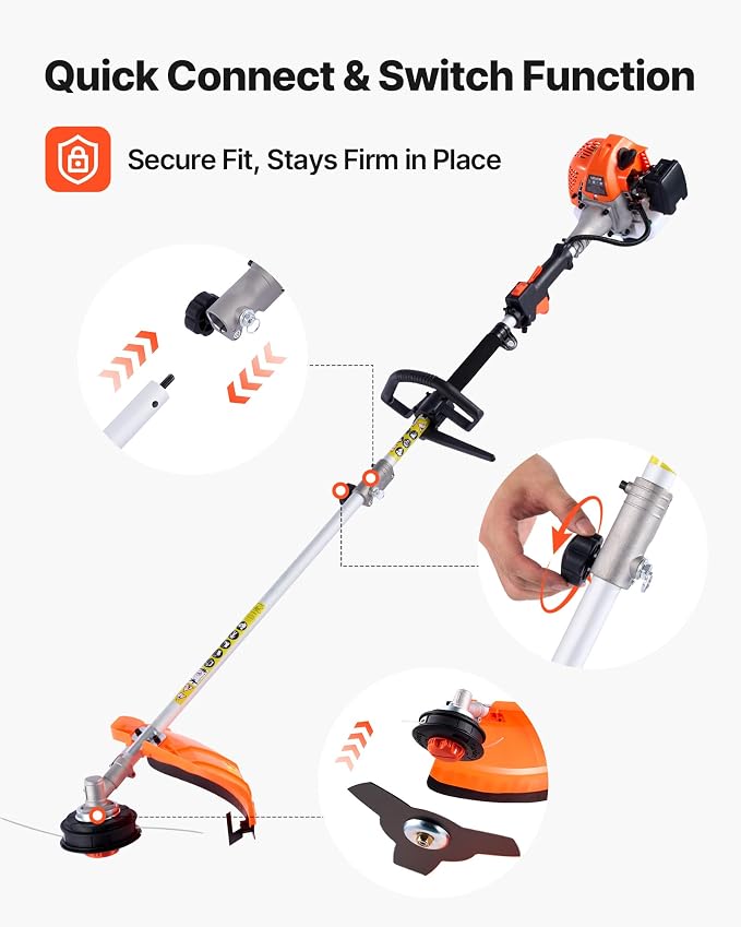 VEVOR 52cc Gas-Powered 6-in-1 Multi-Functional Trimmer - Hedge Trimmer, Brush Cutter, Weed Eater, Edger, Pole Saw & Chainsaw Pruner, EPA, CE & EMC Certified