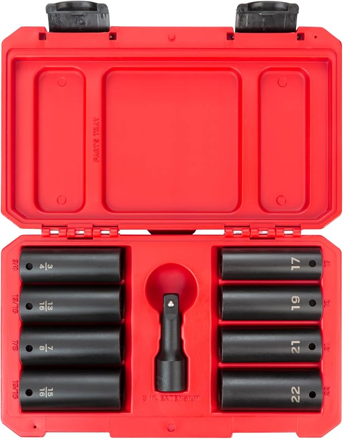 TEKTON 1/2 Inch Drive Impact Lug Nut Socket Set, 9-Piece | SID92415 | (3/4 - 15/16 in., 17 - 22 mm), Deep, 6-Point, Case