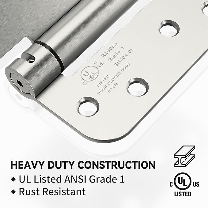 3 Pack Self Closing Door Hinges, 4 Inch Spring Loaded Door Hinges for Garage, Front, Back Door, Left/Right Hand, Adjustable Tension, 5/8'' Radius Corners, UL Listed, Brushed Nickel