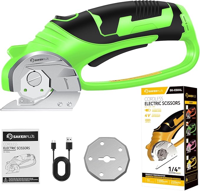 Sakerplus Cordless Electric Scissors, 4V Rechargeable Cardboard Cutter, Cordless Box Cutter, Powerful Cardboard Scissors with Blade, LED Light, Safety Lock for Cutting Fabric Leather