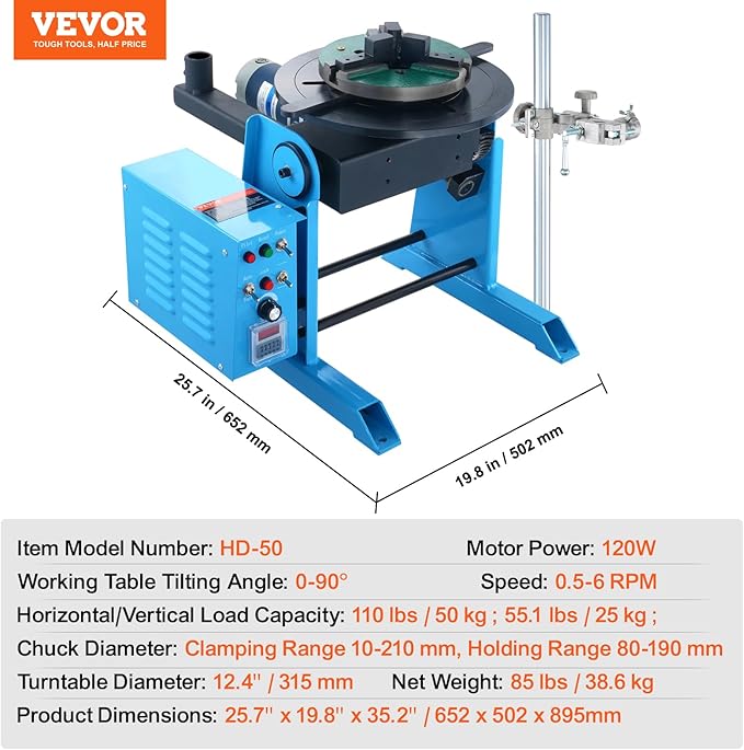 VEVOR Rotary Welding Positioner 50KG, Adjustable 0-90° Turntable for Welding 0.5-6RPM 120W, Includes 12.4 Inch 3-Jaw Lathe Chuck & Torch Stand for Efficient Cutting, Grinding, Assembly, Testing