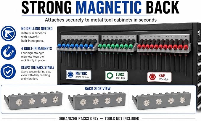 Magnetic T-Handle Hex Key Organizer Rack – Tool Holder for Harbor Freight ICON Style T Handle Wrenches – sae/metric/torx Storage Options (Customize Your Way)