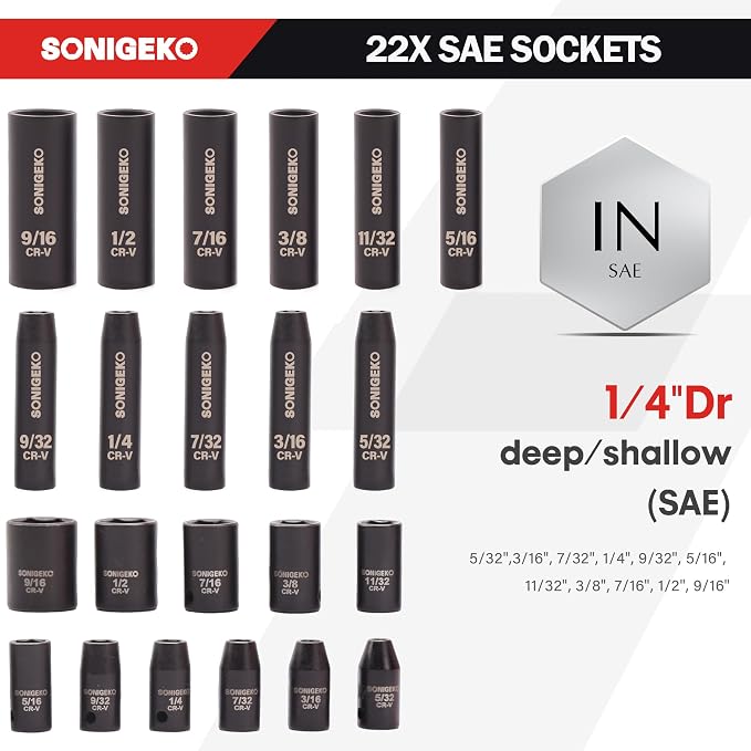 55-Piece 1/4" Drive Impact Socket Set Metric/SAE(5/32"-9/16", 4-15mm) | 6-Point CR-V steel deep & standard .Includes 2",4",6" Extension Bars, Universal Joint & Adapter,Ratchet Handle