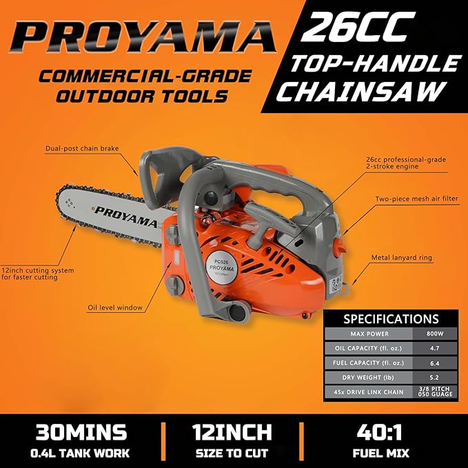 PROYAMA 26CC 2-Cycle Top Handle Gas Powered Small Chainsaw 12 Inch Petrol Handheld Cordless Chain Saw for Tree Wood Cutting with 2 chains(12inch)