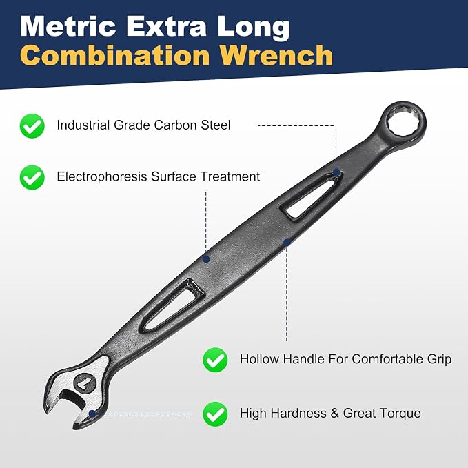 HARFINGTON Combination Wrench 7mm Metric Extra Long 12-Point Box and Open End Carbon Steel Double Ended Industrial Grade Spanner for Automotive Furniture Machinery DIY Repair, Black