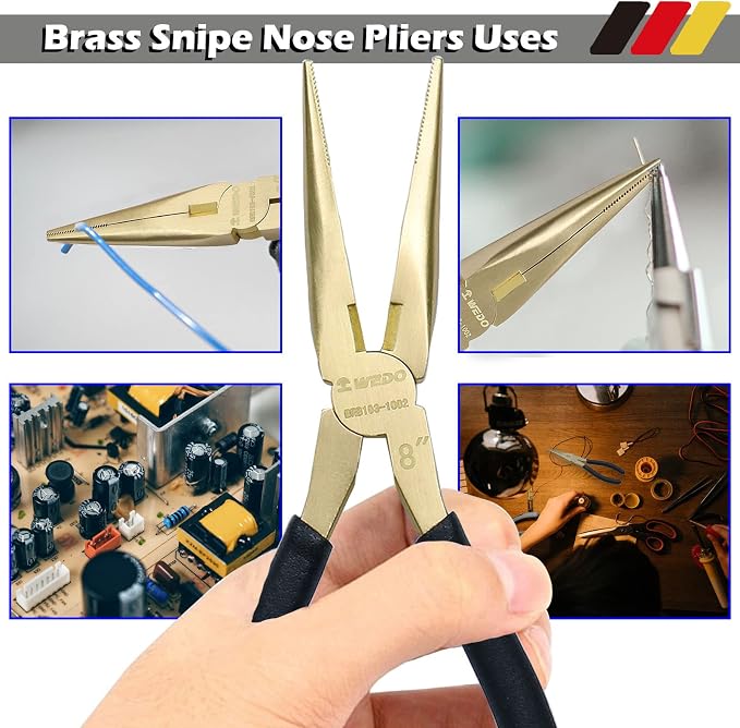 WEDO Brass Long Nose Pliers 8", with Non-Slip Handle, Snipe Nose Pliers, Length 200mm