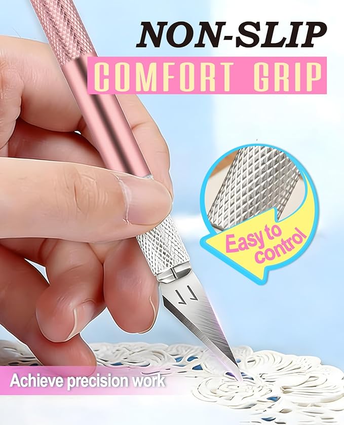 DIYSELF 1 Pcs Craft Hobby Knife Exacto Knife with 11 Pcs Stainless Steel Blade Kit, 1pcs Steel 15CM Ruler for Art, Scrapbooking, Stencil (Pink)