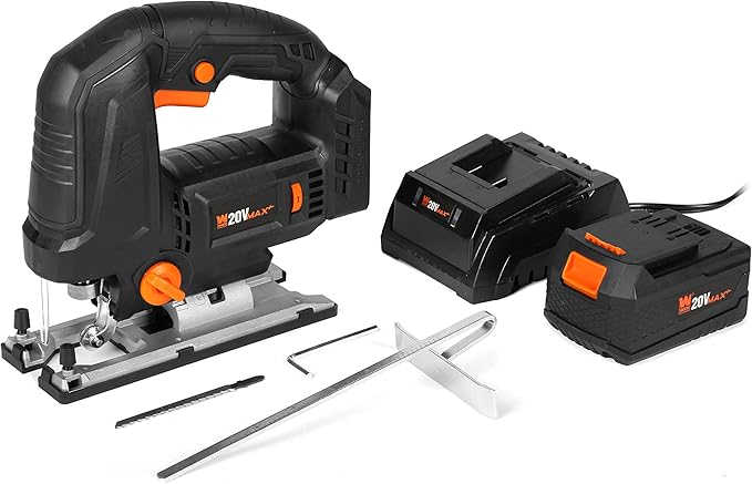 WEN Cordless Jigsaw, Brushless with Auto-Speed, 20V Max 4.0Ah Lithium Ion Battery, and Charger (20670)