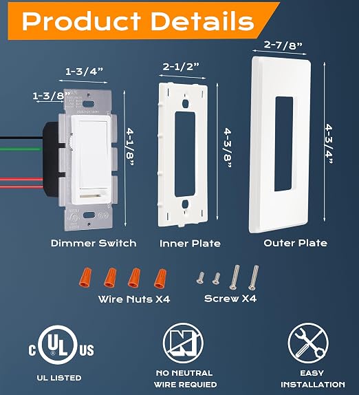 CLOUDY BAY in Wall Dimmer Switch for LED Light/CFL/Incandescent,3-Way Single Pole Dimmable Slide, 600W max Incandescent,150W max Dimmable LED/CFL, Cover Plate Included, Pack of 4
