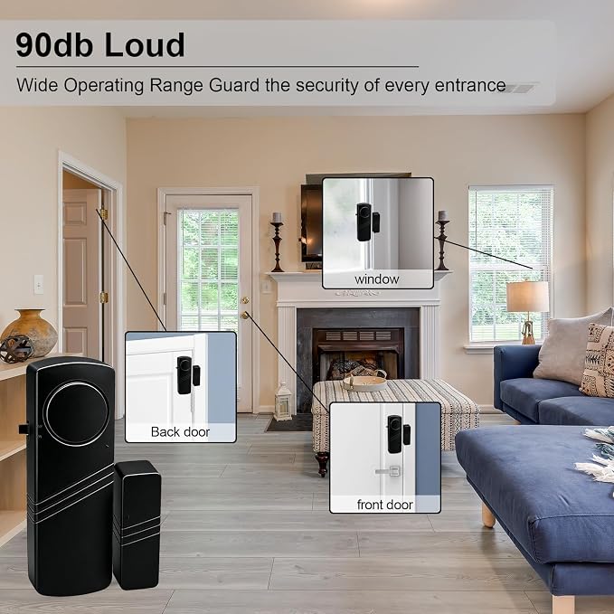 Door Window Alarm - 90dB Loud Home Security Sensor for Kids Safety, Burglar Alert for House, Apartment, Office, Hotel & Pool Window, Black (2 Pack)