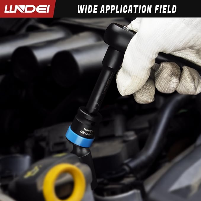 LLNDEI 3/8" Drive Deep Swivel Impact Socket Set 19Pcs CR-MO | Metric 8-22mm Wobble Sockets, 3"&6" Bars, for Engine Bay, Transmission Work, Exhaust Systems & Heavy Truck Repair