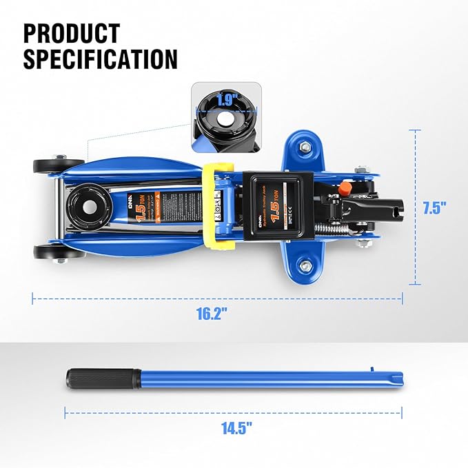 DNA Motoring 1.5 Ton Car Floor Jack Low Profile Hydraulic Trolley Service/Floor Jack, 1.5T / 3000 lbs Capacity, Lifting Range 5.3 Inch -12 Inch, with Storage Case, Blue, TOOLS-00327