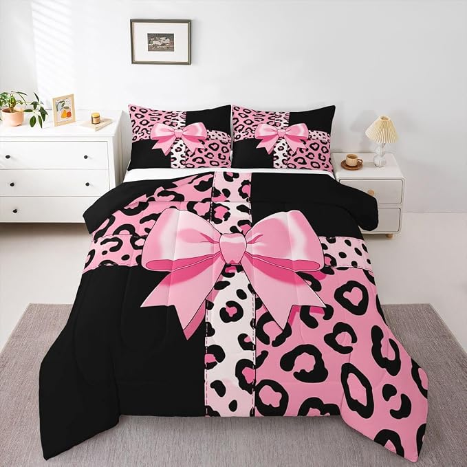Feelyou Leopard Print Comforter Set All Season Cute Cheetah Bow Bedding Set with 2 Pillow Cases Animal Fur Microfiber Kids Queen Bedclothes Bedroom Decor Duvet Quilt Breathable Soft Lightweight