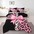 Feelyou Leopard Print Comforter Set All Season Cute Cheetah Bow Bedding Set with 2 Pillow Cases Animal Fur Microfiber Kids Queen Bedclothes Bedroom Decor Duvet Quilt Breathable Soft Lightweight