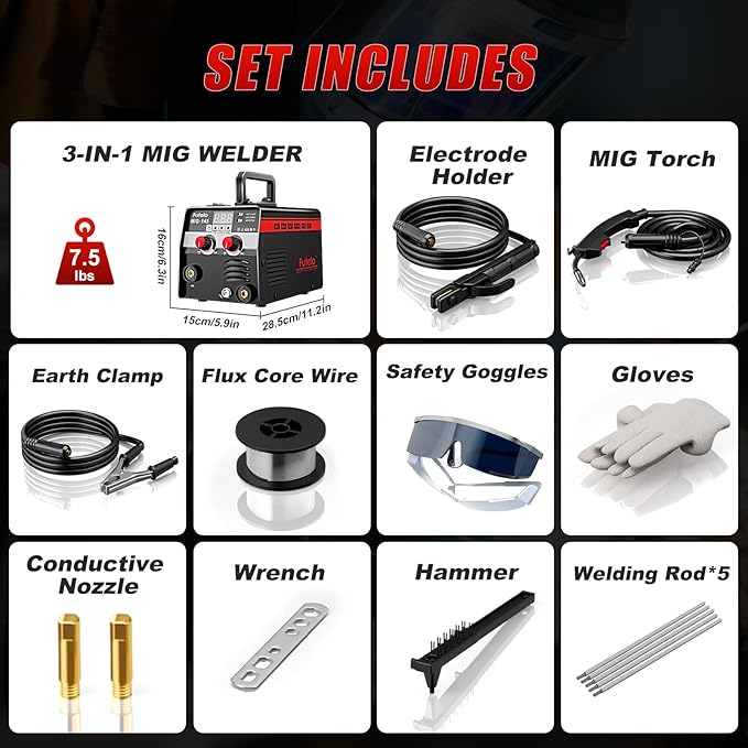 145A MIG Welder, 3 in 1 Flux Core/Lift TIG/Stick Welding Machine 110V IGBT Inverter Gasless Welder with Synergy Control for Metal Repair & DIY Projects