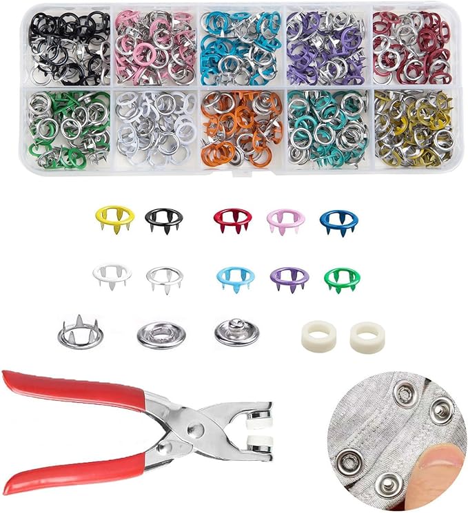 100 Sets Metal Snaps Buttons with Fastener Pliers Press Tool Kit Perfect for DIY Crafts Clothes Hats and Sewing (Colorful Hollow Prong Snaps)